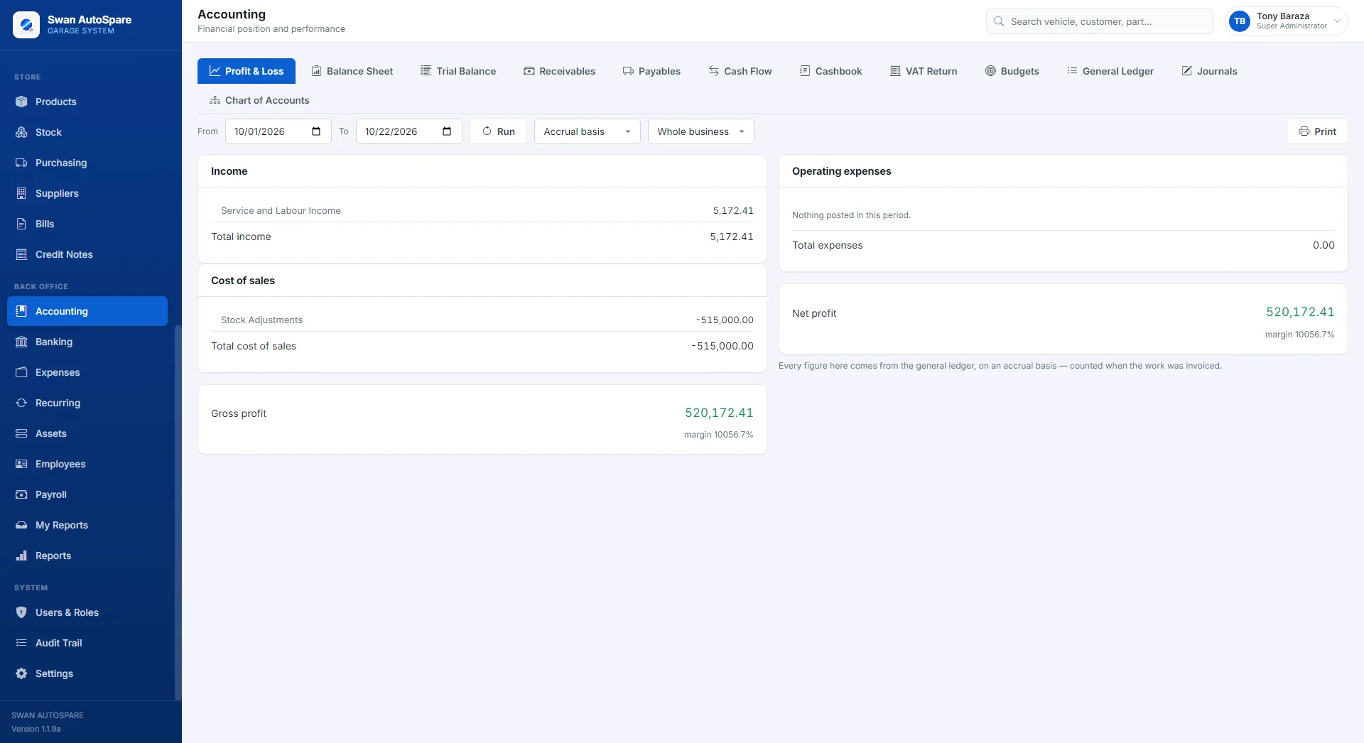 Swan AutoSpare accounting module showing a profit and loss statement