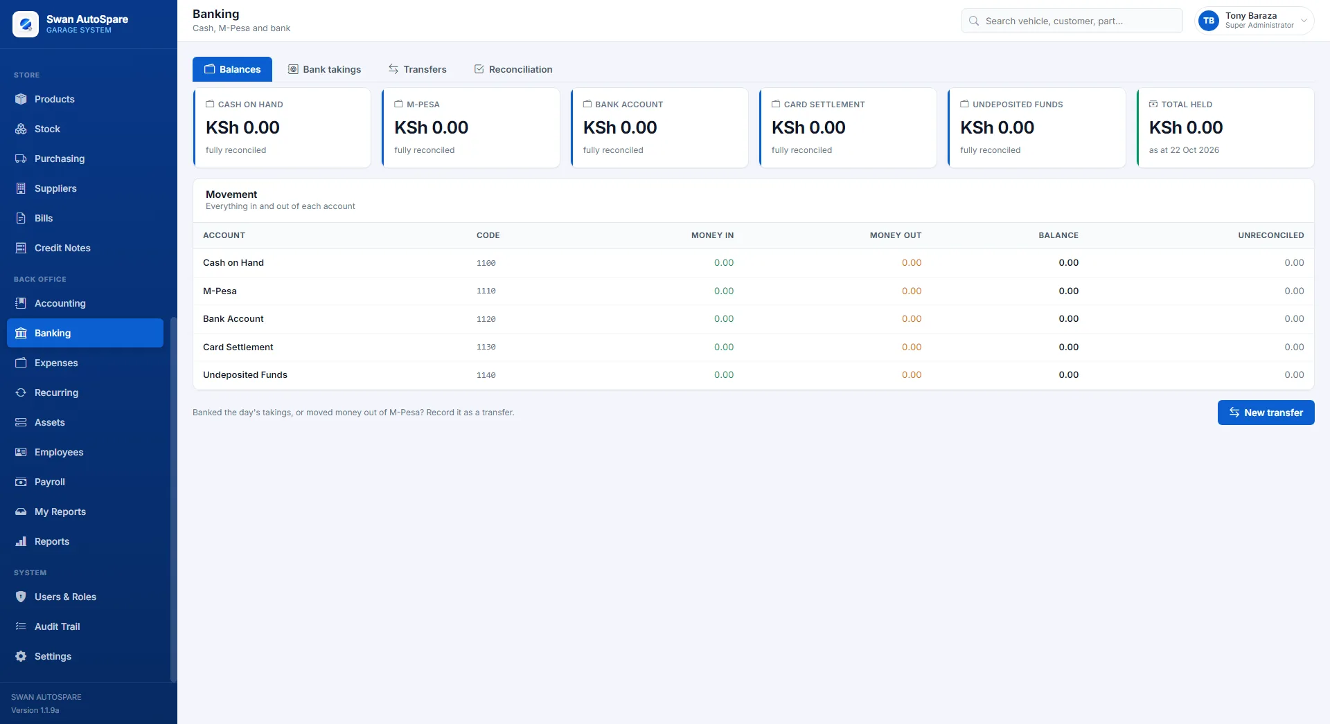 Swan AutoSpare banking module showing cash, M-Pesa, bank and card balances