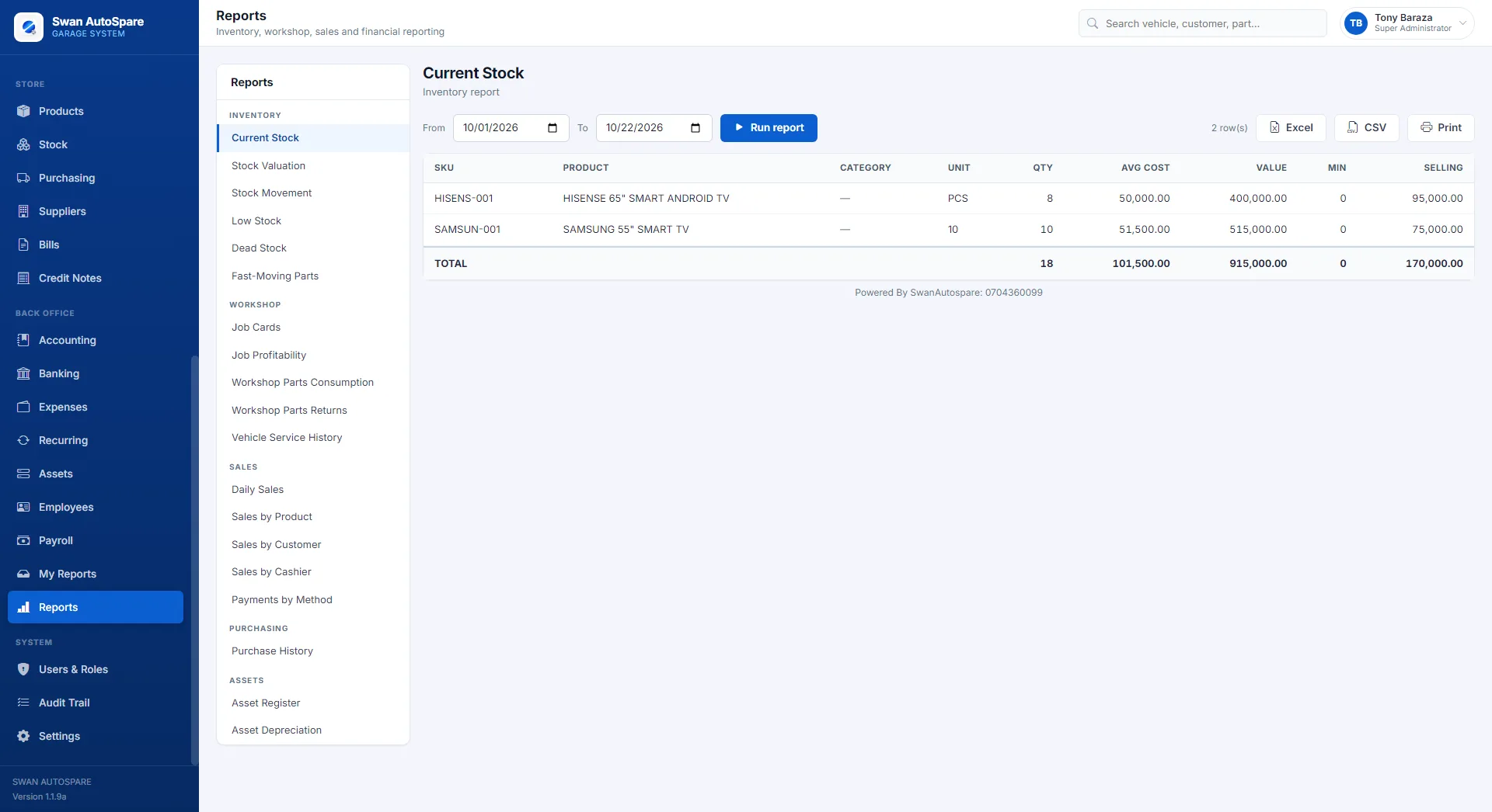Swan AutoSpare reports module showing the current stock report